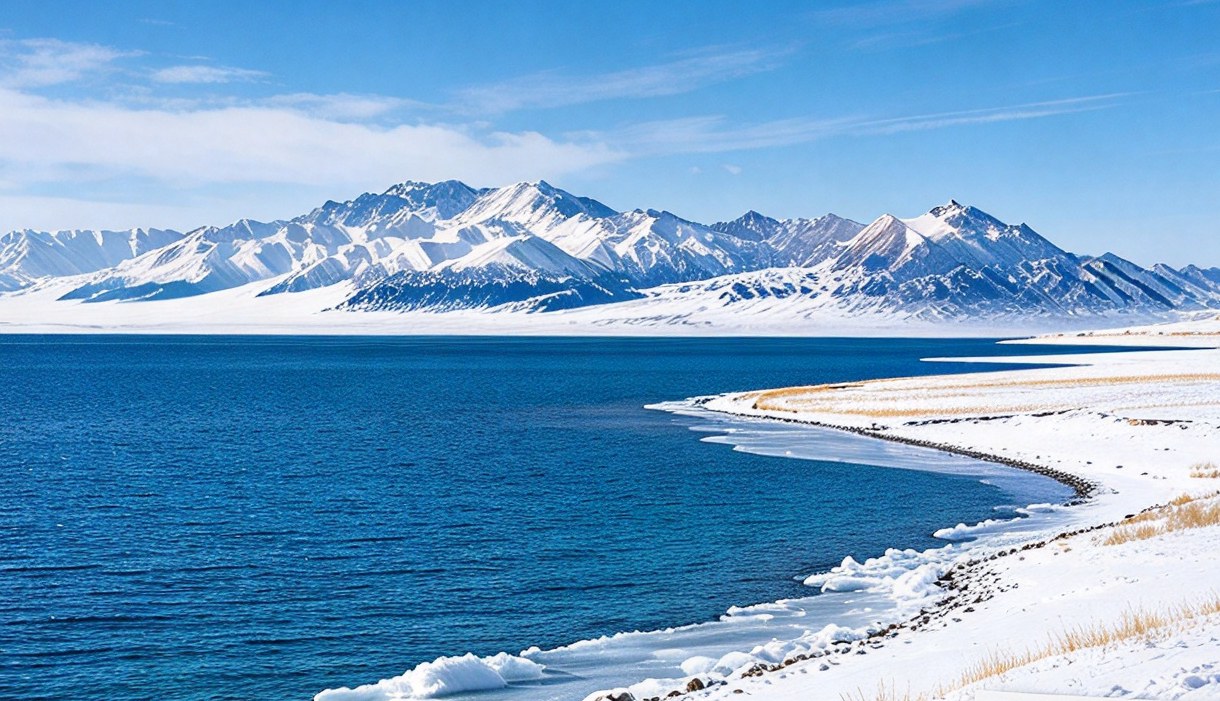 赛里木湖冬日蓝海与雪山