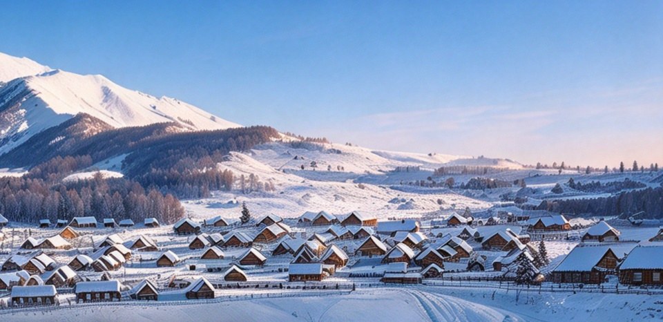 禾木村冬日雪景木屋与炊烟