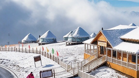 游客在阿克塔斯雪原体验雪圈