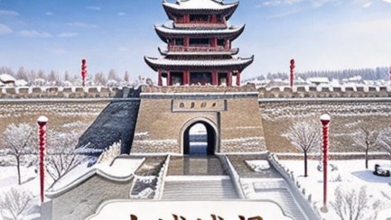锡伯古城雪后城门与城楼