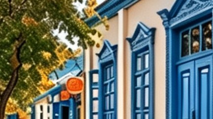 伊宁街区彩色民居与蓝色门廊